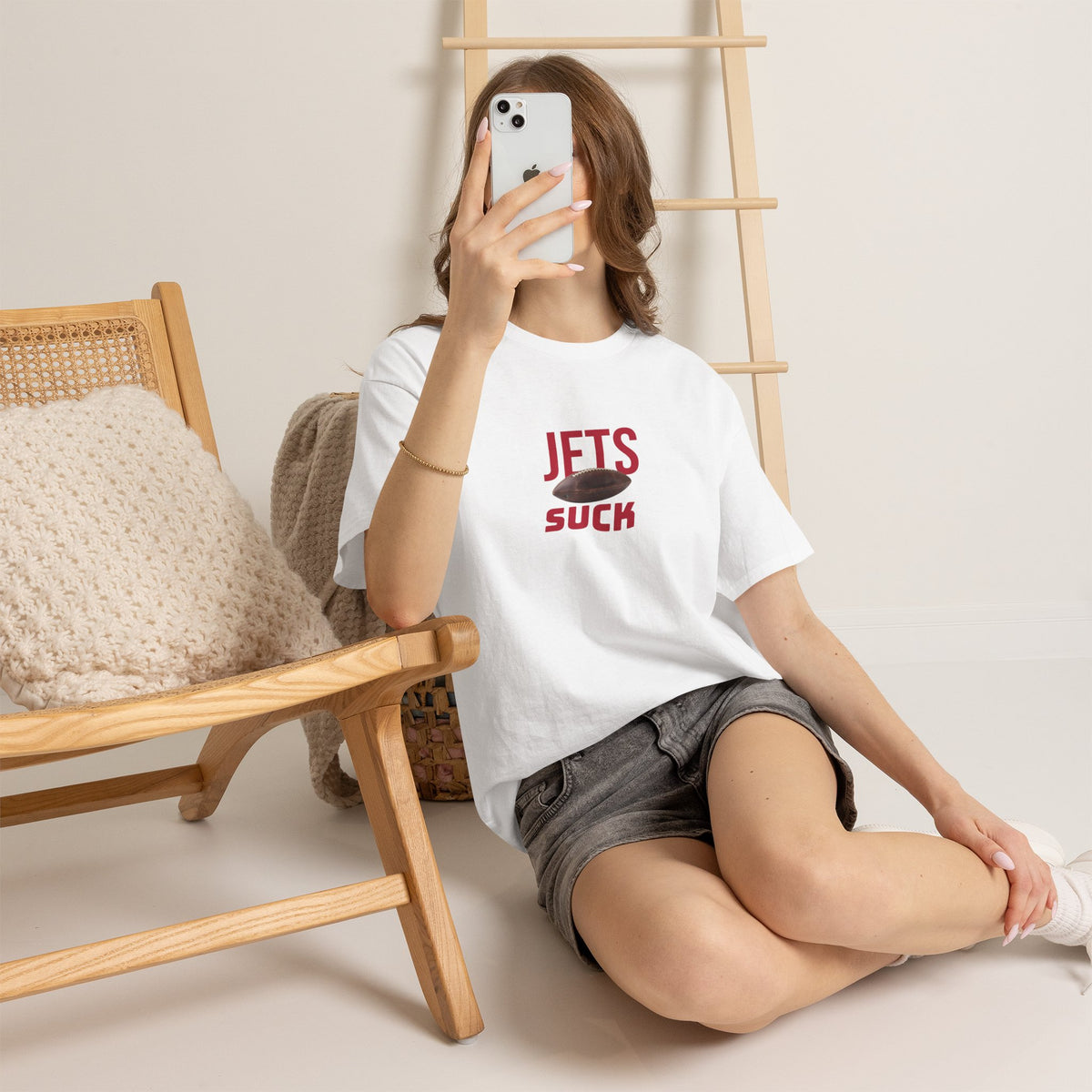 Jets Suck Graphic T-Shirt in New England Football Colors