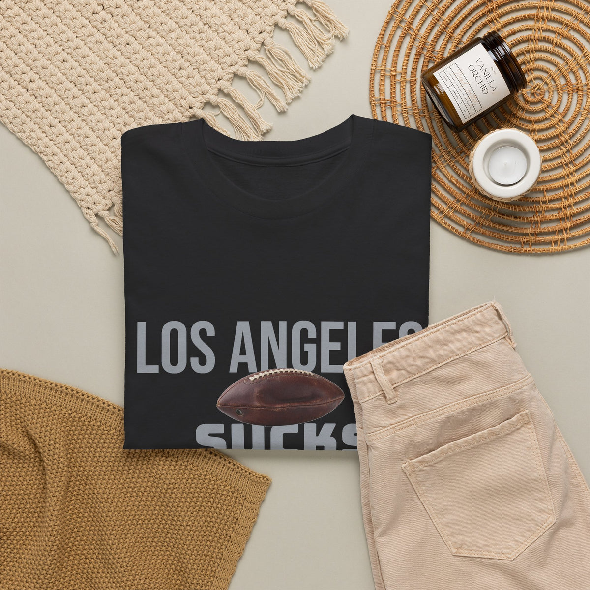 Los Angeles Sucks Football T-Shirt in Raider Colors