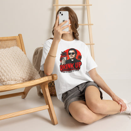 Drink Up Jonestown Priest Tee | Retro Palm Cocktail Graphic T-Shirt