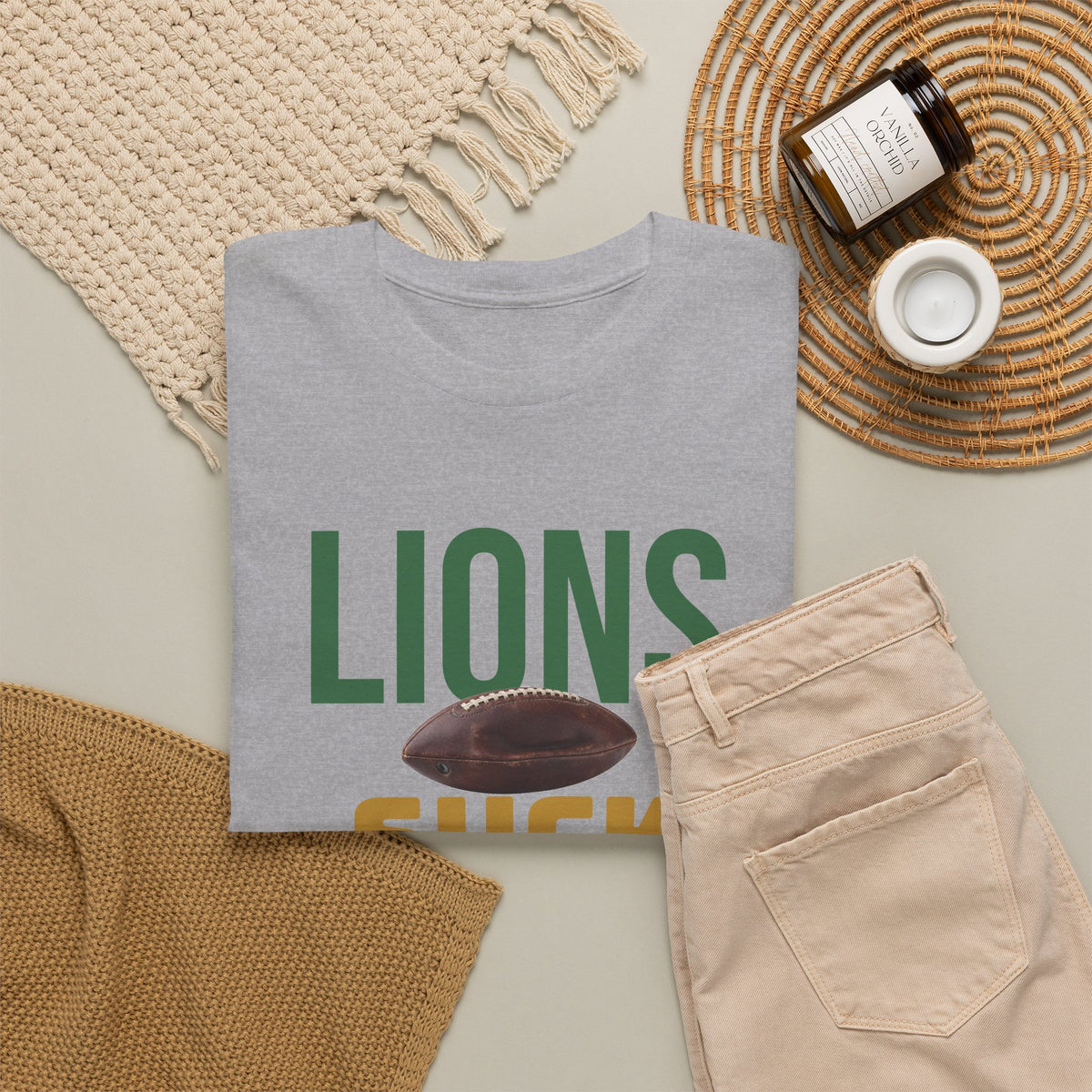 Lions Suck Football T-Shirt in Green Bay Colors - 5 varieties