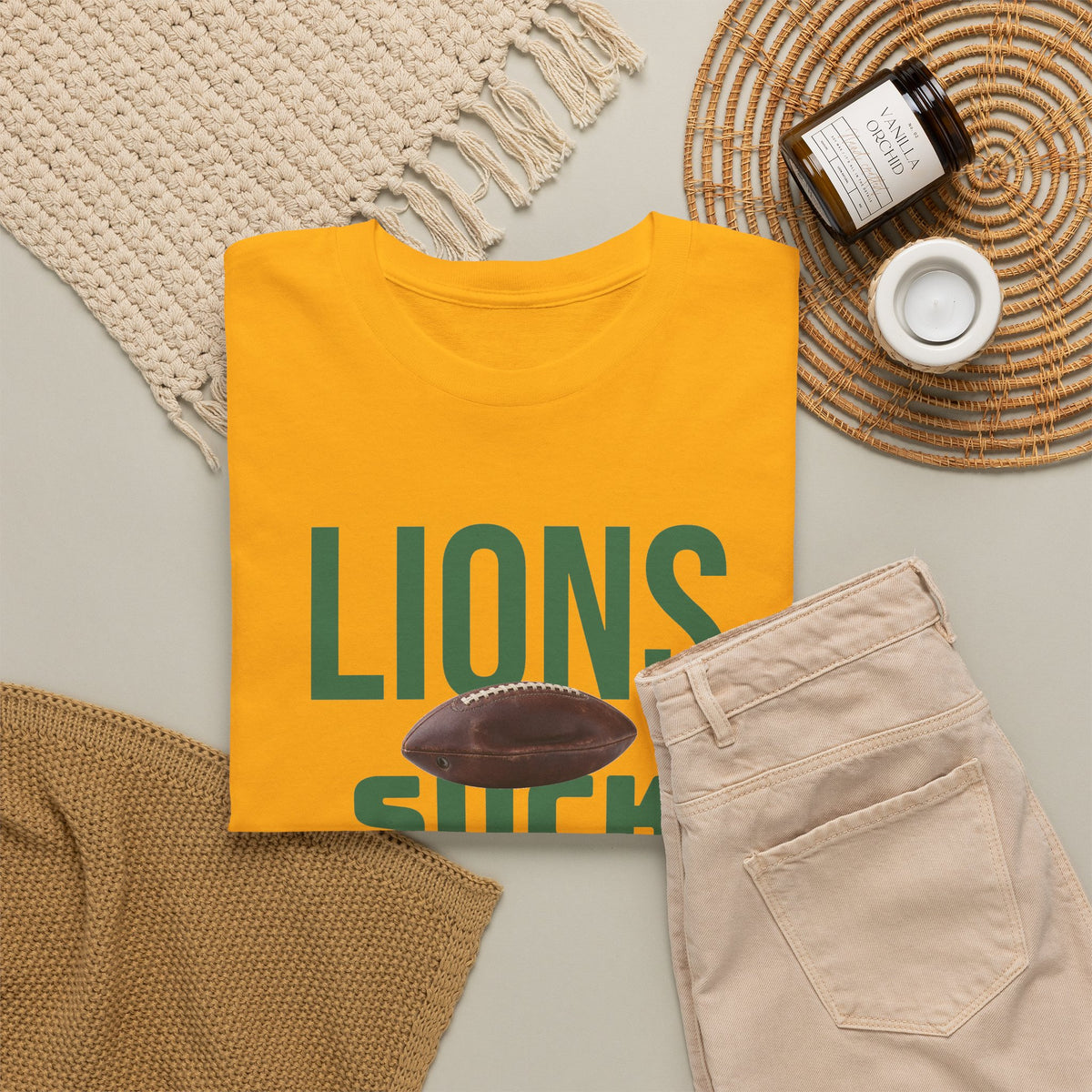 Lions Suck Football T-Shirt in Green Bay Colors - 5 varieties