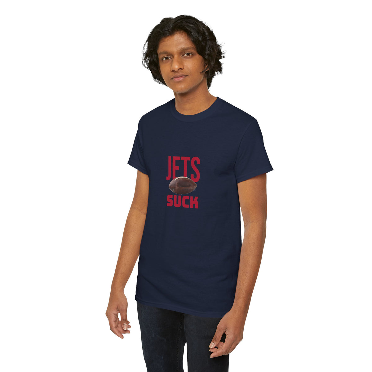 Jets Suck Graphic T-Shirt in New England Football Colors