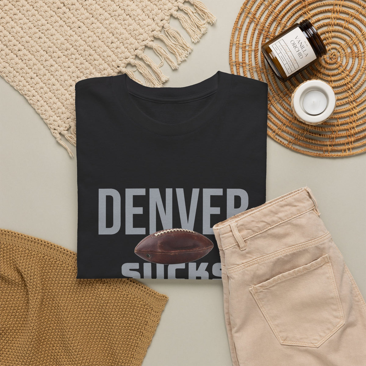 Denver Sucks Football T-Shirt in Raider Colors