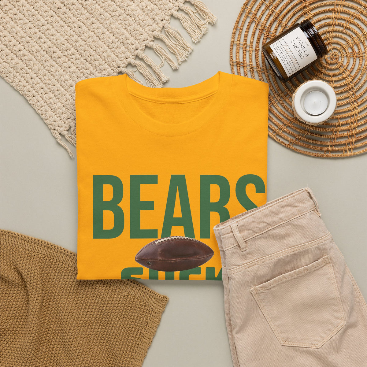 Bears Suck Football T-Shirt in Green Bay Colors - 5 varieties - with special plus sizes for Packer fans!