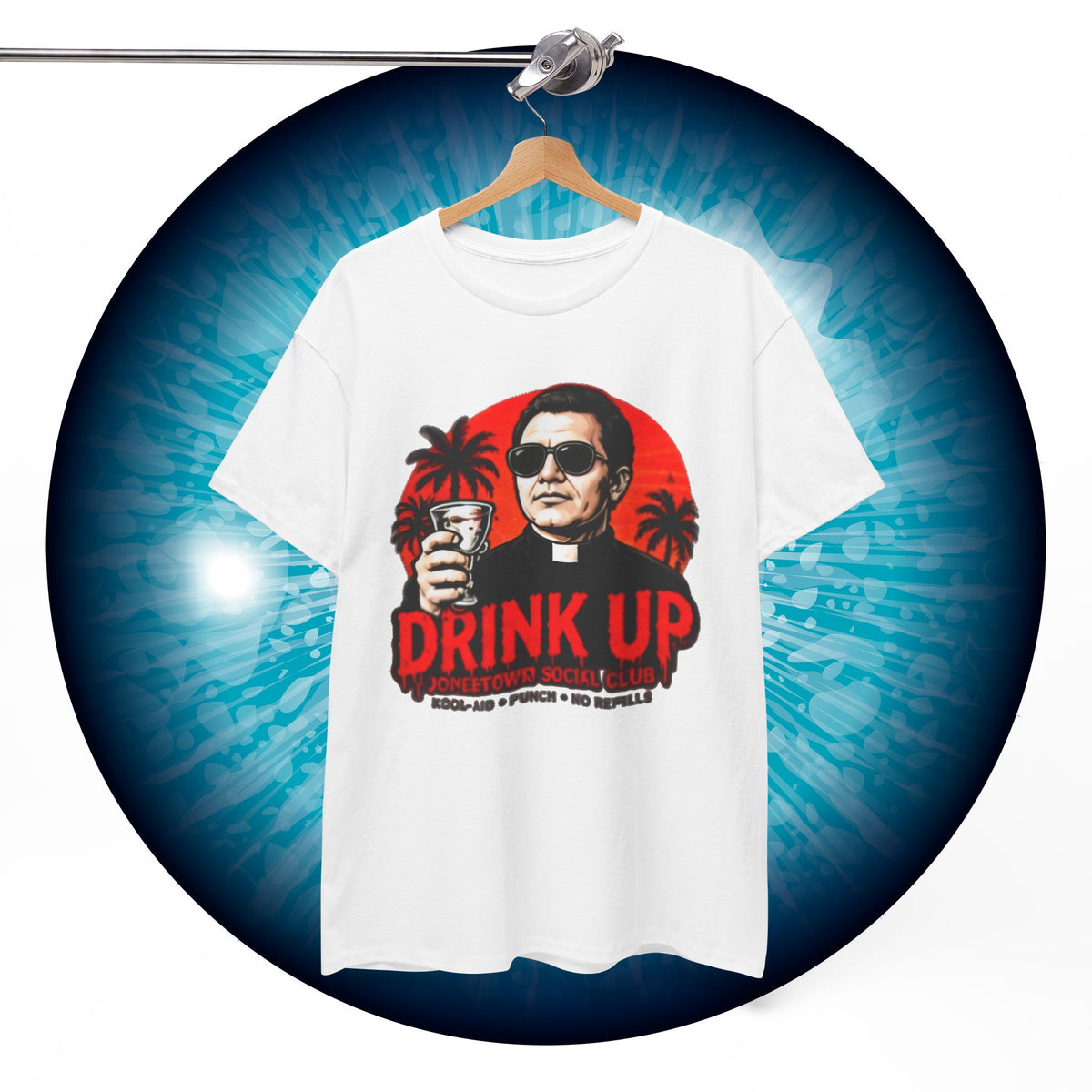Drink Up Jonestown Priest Tee | Retro Palm Cocktail Graphic T-Shirt