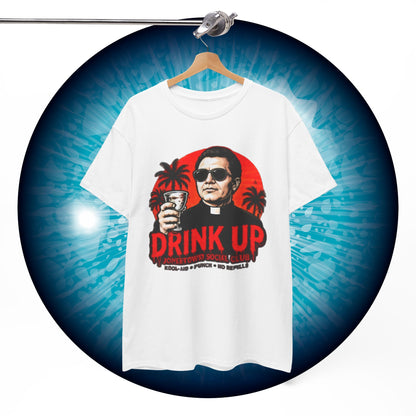 Drink Up Jonestown Priest Tee | Retro Palm Cocktail Graphic T-Shirt