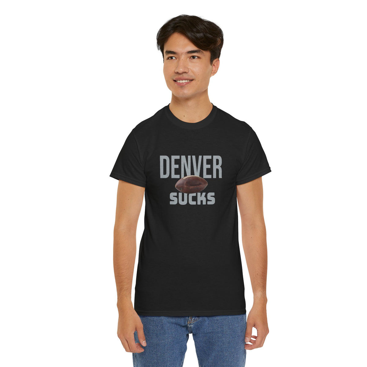 Denver Sucks Football T-Shirt in Raider Colors