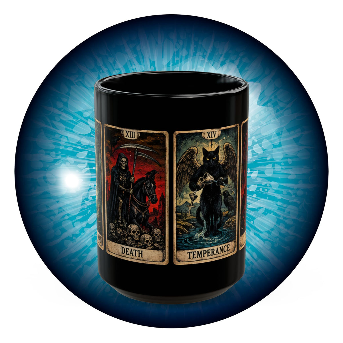 Black Cat Tarot Death Temperance Devil Hanged Man Mug | 15oz Black Ceramic Coffee Cup