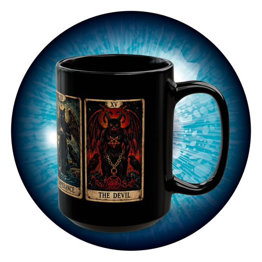 Black Cat Tarot Death Temperance Devil Hanged Man Mug | 15oz Black Ceramic Coffee Cup