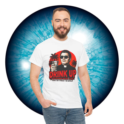 Drink Up Jonestown Priest Tee | Retro Palm Cocktail Graphic T-Shirt