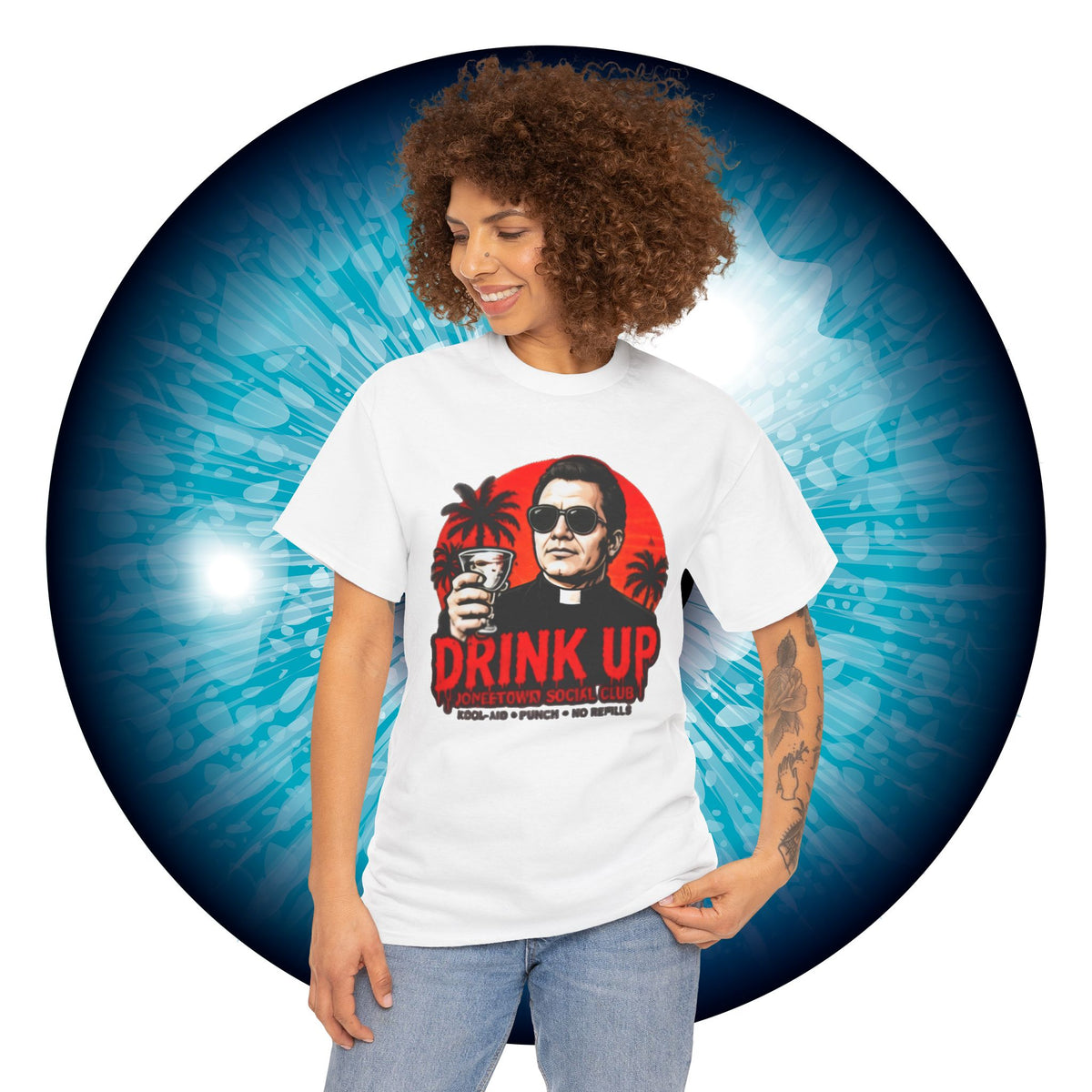 Drink Up Jonestown Priest Tee | Retro Palm Cocktail Graphic T-Shirt