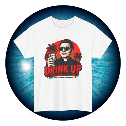 Drink Up Jonestown Priest Tee | Retro Palm Cocktail Graphic T-Shirt