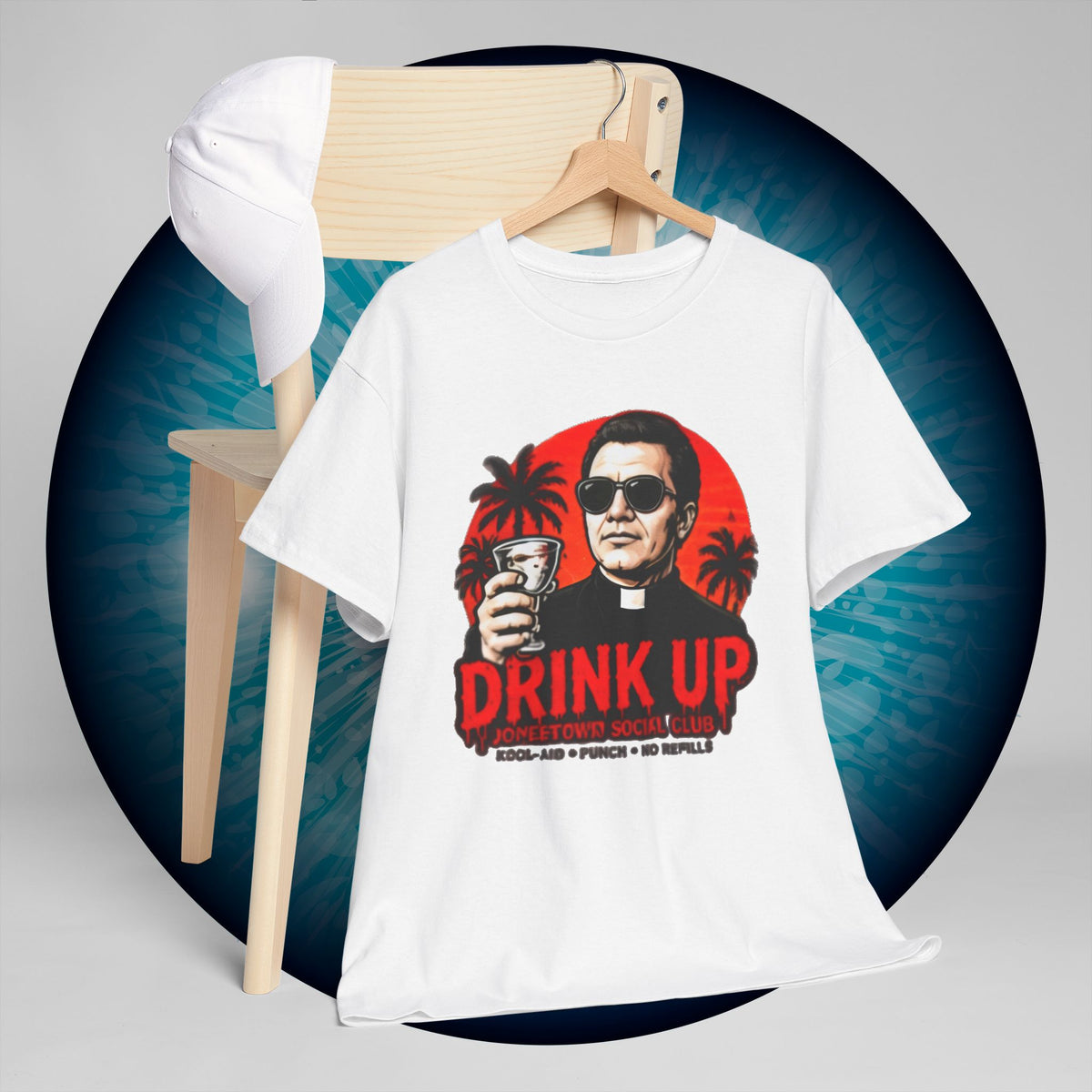 Drink Up Jonestown Priest Tee | Retro Palm Cocktail Graphic T-Shirt