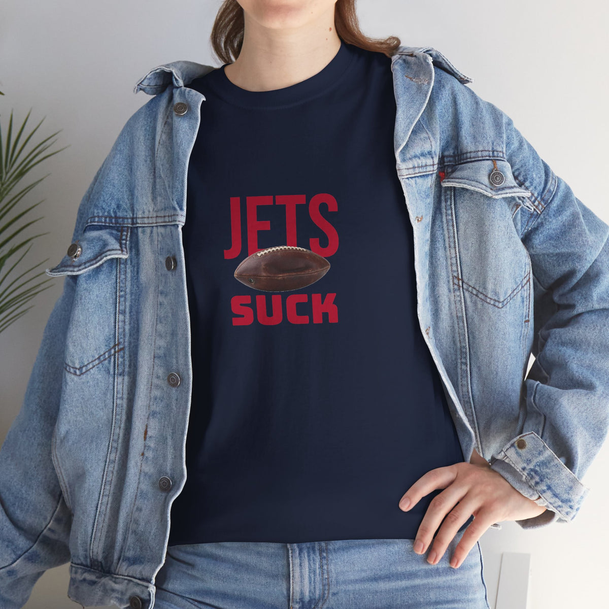 Jets Suck Graphic T-Shirt in New England Football Colors