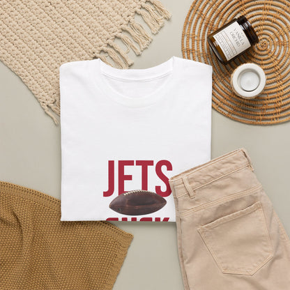 Jets Suck Graphic T-Shirt in New England Football Colors