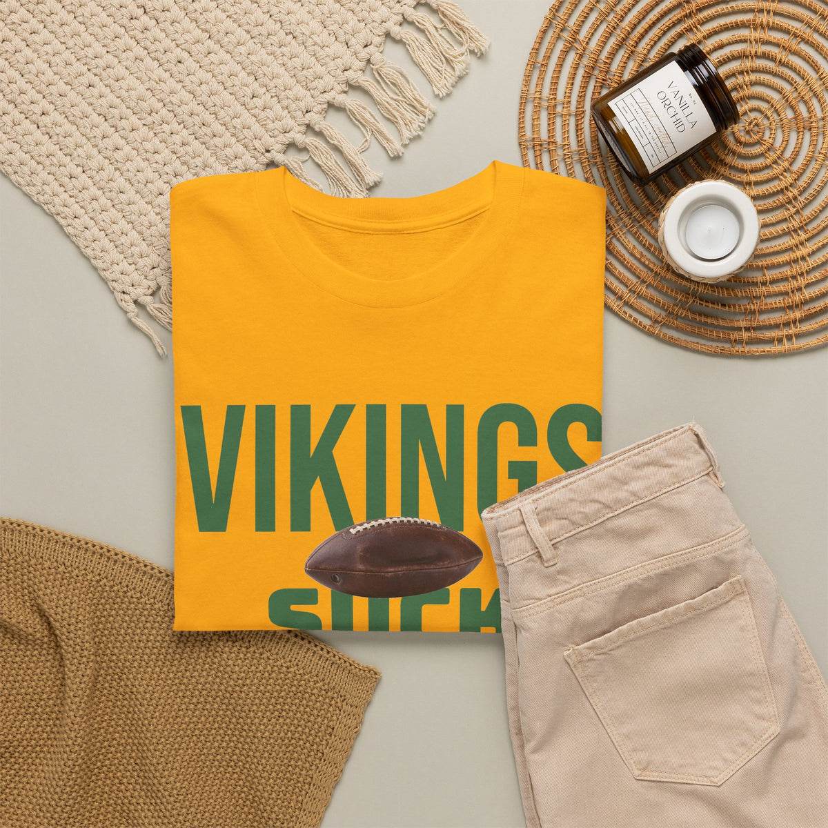 Vikings Suck Football T-Shirt in Green Bay Colors - 5 varieties