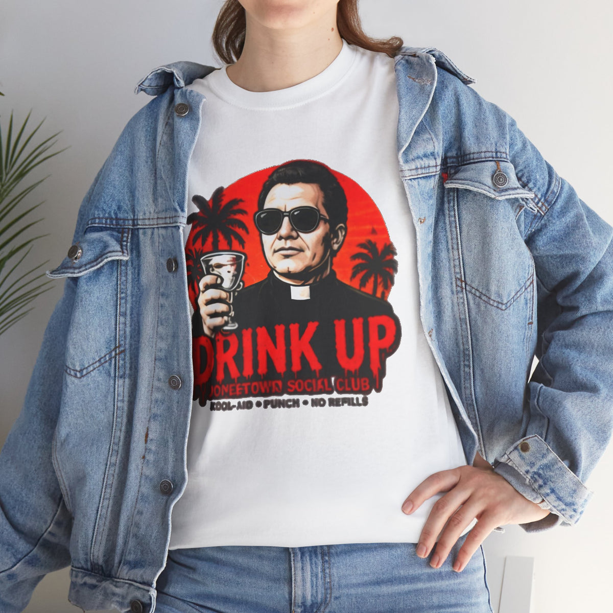 Drink Up Jonestown Priest Tee | Retro Palm Cocktail Graphic T-Shirt
