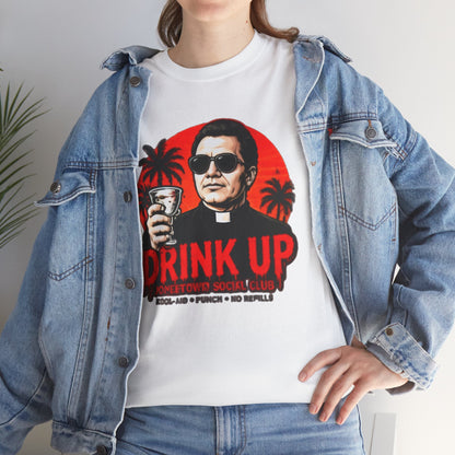 Drink Up Jonestown Priest Tee | Retro Palm Cocktail Graphic T-Shirt