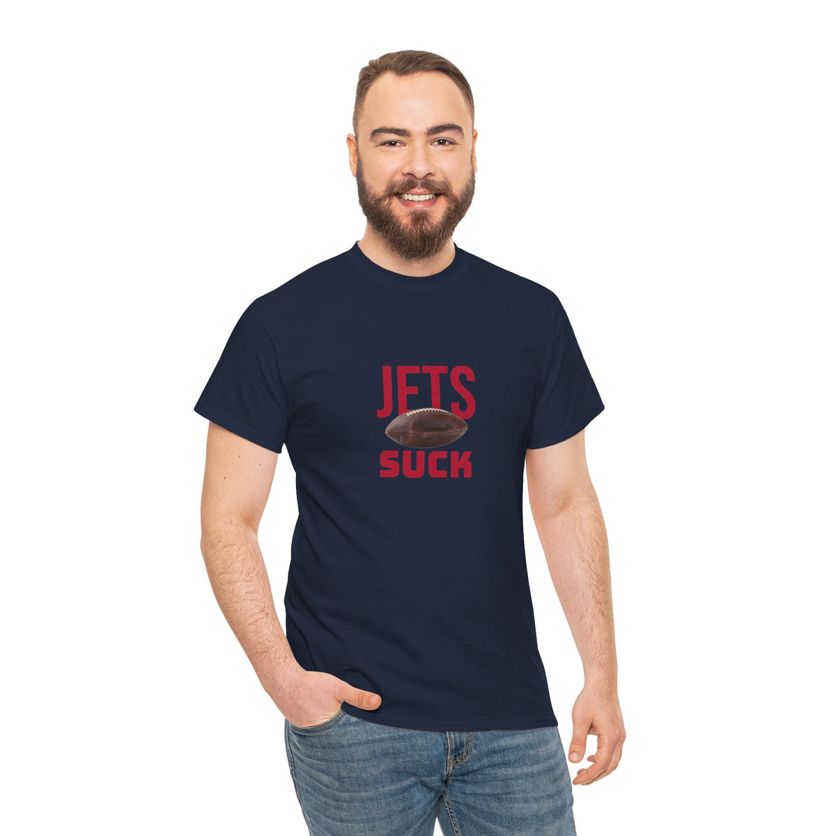 Jets Suck Graphic T-Shirt in New England Football Colors