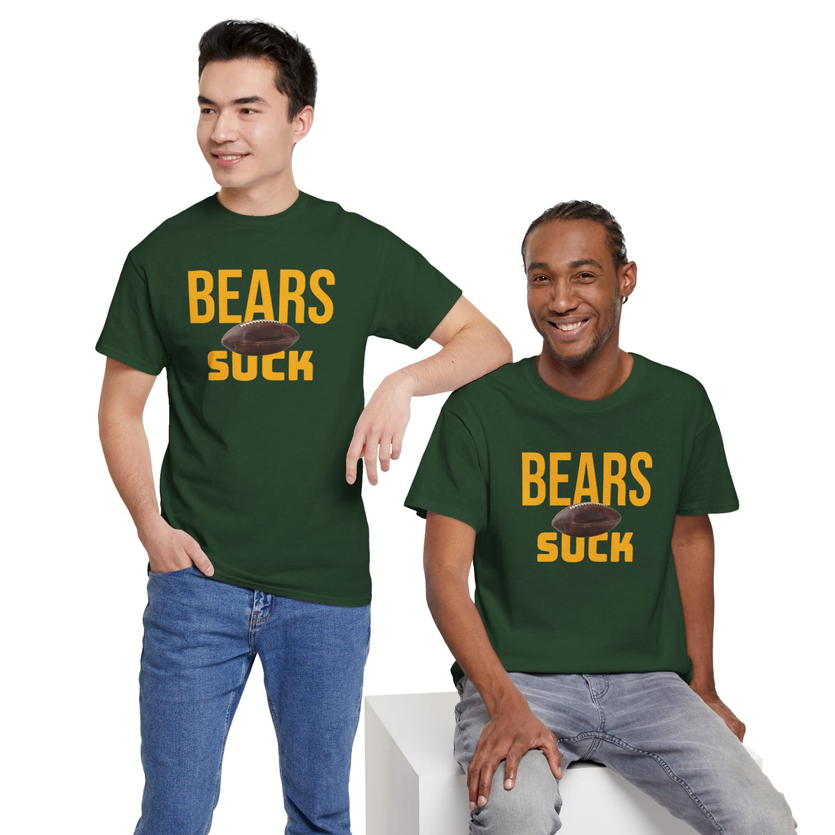 Bears Suck Football T-Shirt in Green Bay Colors - 5 varieties - with special plus sizes for Packer fans!
