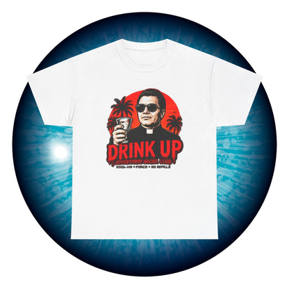 Drink Up Jonestown Priest Tee | Retro Palm Cocktail Graphic T-Shirt