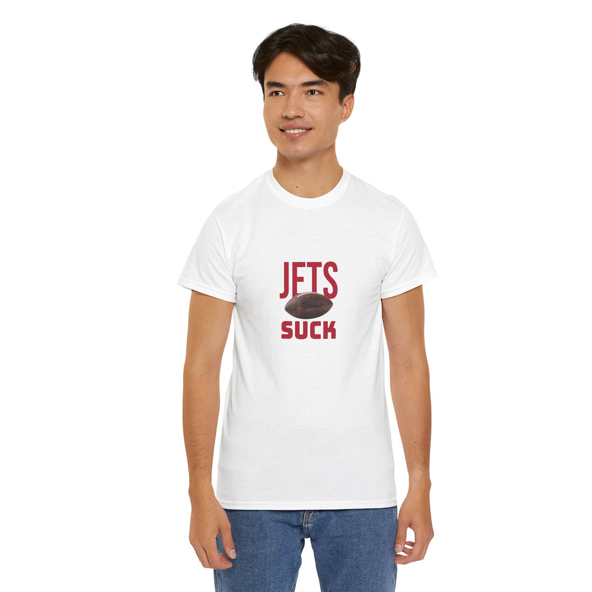 Jets Suck Graphic T-Shirt in New England Football Colors
