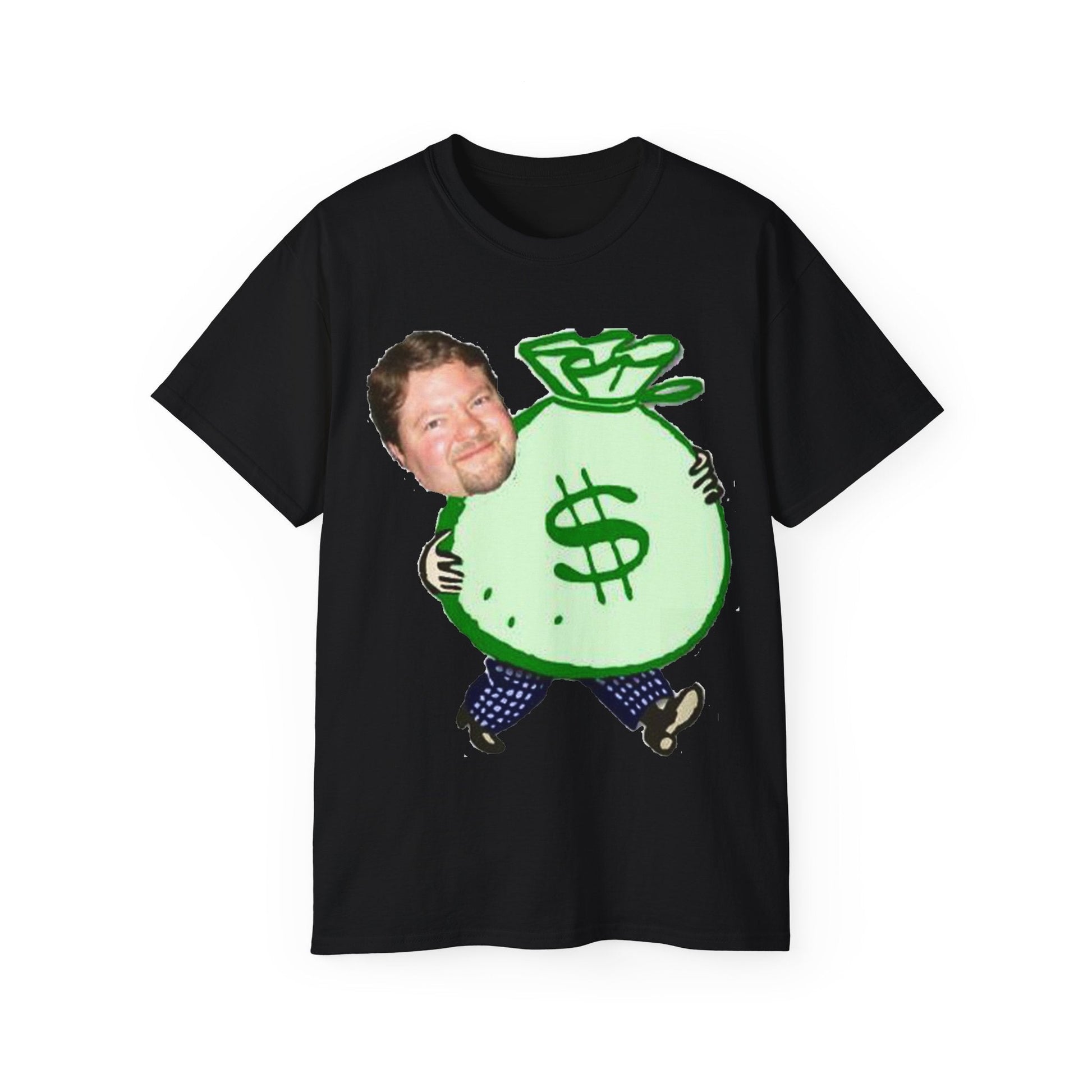 Cartoon Stu and The Bag of Money Unisex Ultra Cotton Tee-T-Shirt-Printify-Black-S-Crew neck, DTG, Men's Clothing, Regular fit, T-shirts, Unisex, Women's Clothing-PhoneCaseBoss.com