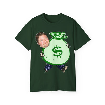 Cartoon Stu and The Bag of Money Unisex Ultra Cotton Tee-T-Shirt-Printify-Forest Green-XL-Crew neck, DTG, Men's Clothing, Regular fit, T-shirts, Unisex, Women's Clothing-PhoneCaseBoss.com