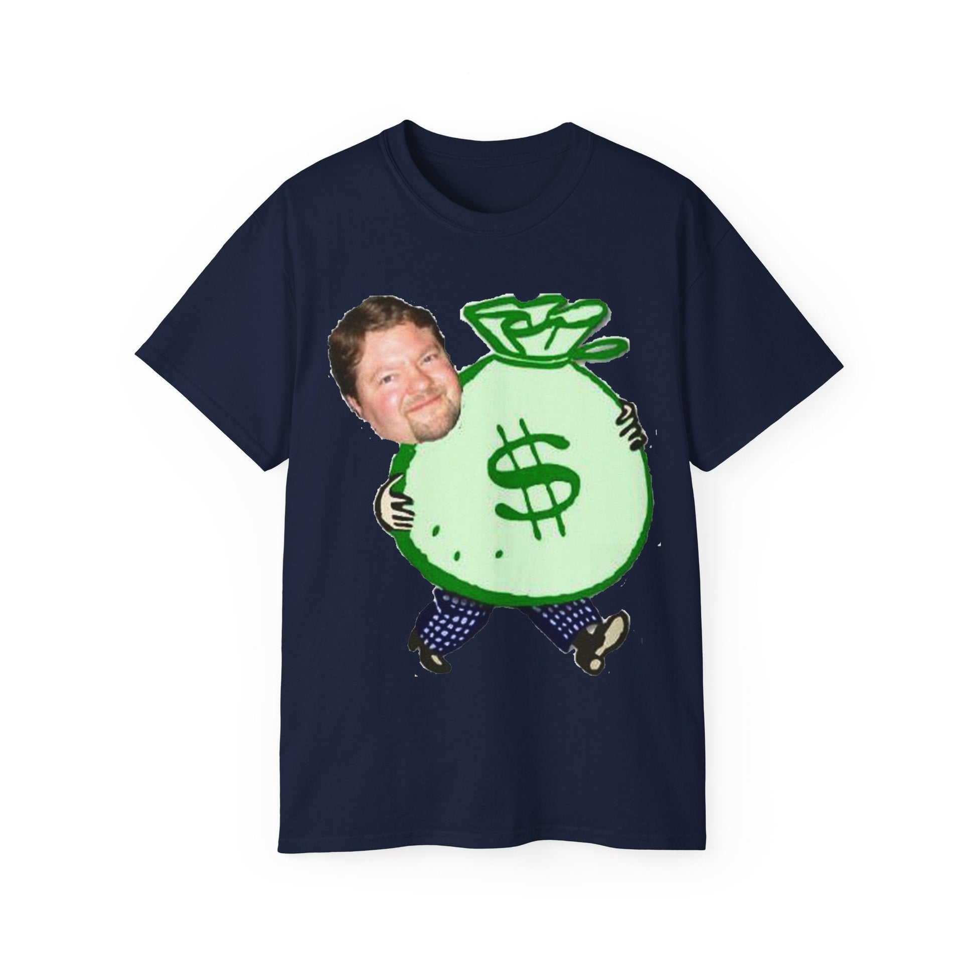 Cartoon Stu and The Bag of Money Unisex Ultra Cotton Tee-T-Shirt-Printify-Navy-L-Crew neck, DTG, Men's Clothing, Regular fit, T-shirts, Unisex, Women's Clothing-PhoneCaseBoss.com