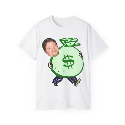 Cartoon Stu and The Bag of Money Unisex Ultra Cotton Tee-T-Shirt-Printify-White-S-Crew neck, DTG, Men's Clothing, Regular fit, T-shirts, Unisex, Women's Clothing-PhoneCaseBoss.com