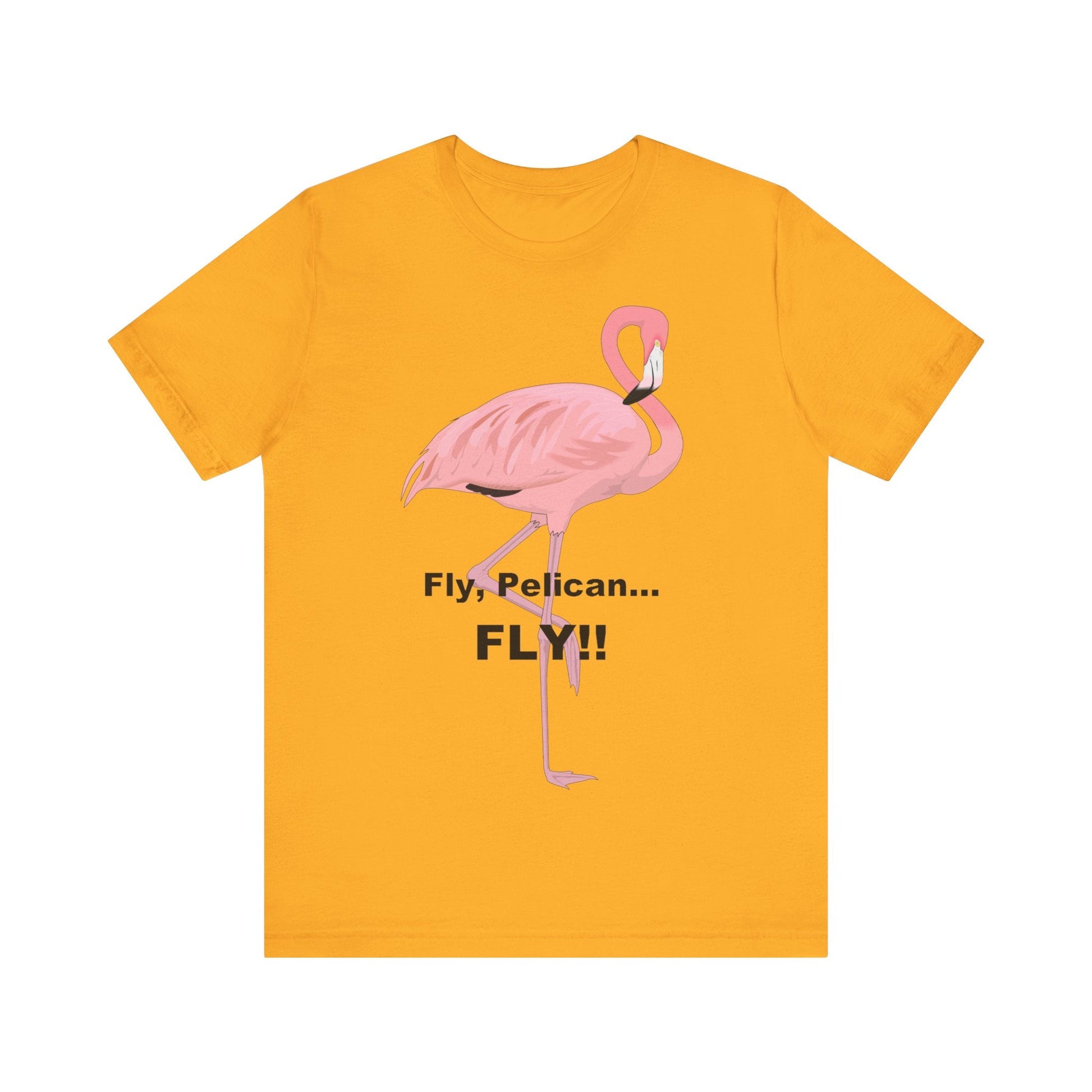 Fly Pelican, FLY! - Unisex Jersey Short Sleeve Tee-T-Shirt-Printify-Gold-S-Crew neck, DTG, Men's Clothing, Regular fit, T-shirts, Unisex, Women's Clothing-PhoneCaseBoss.com