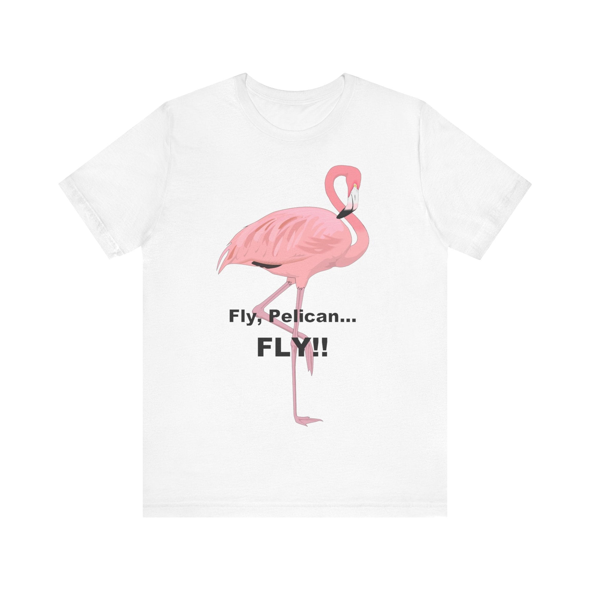 Fly Pelican, FLY! - Unisex Jersey Short Sleeve Tee-T-Shirt-Printify-White-S-Crew neck, DTG, Men's Clothing, Regular fit, T-shirts, Unisex, Women's Clothing-PhoneCaseBoss.com