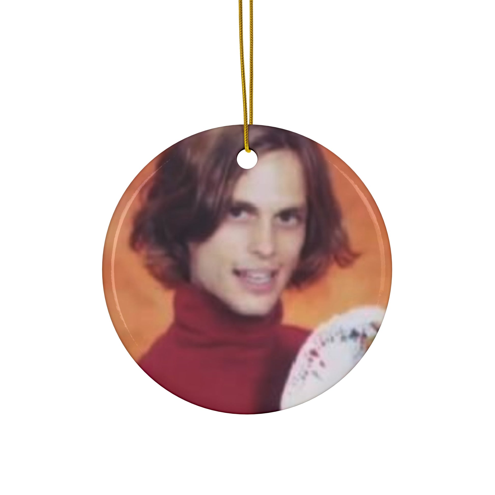 Magic Gubler Round Ceramic Ornaments - Matthew Grey Gubler Holding Cards, Wearing A Red Magician Sweater-Home Decor-Printify-Circle-One Size-Art & Wall Decor, Christmas, Holiday Picks, Home & Living, ornament, ornaments-PhoneCaseBoss.com