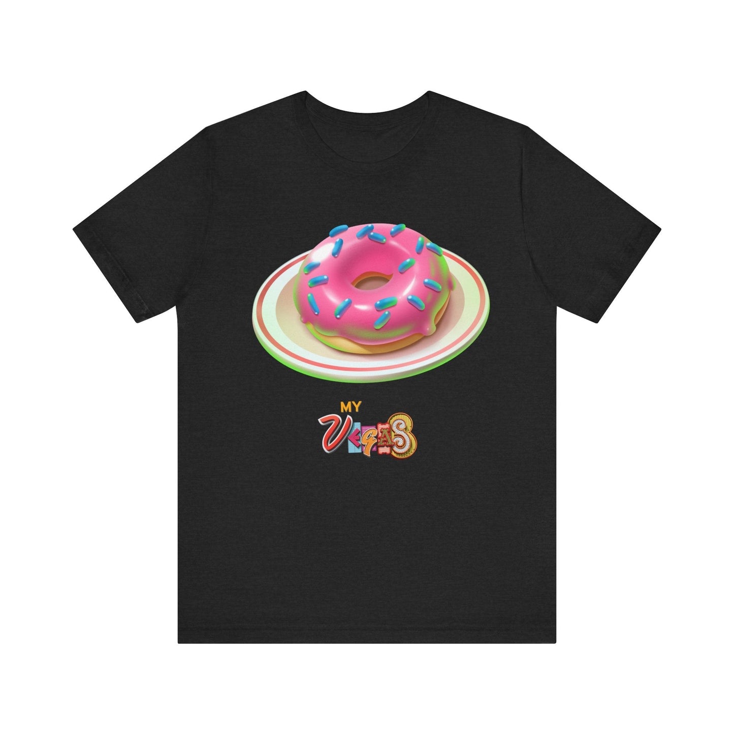 MyVegas Donut - Unisex Jersey Short Sleeve Tee-T-Shirt-Printify-Solid Black Blend-XS-Crew neck, DTG, Men's Clothing, Regular fit, T-shirts, Unisex, Women's Clothing-PhoneCaseBoss.com