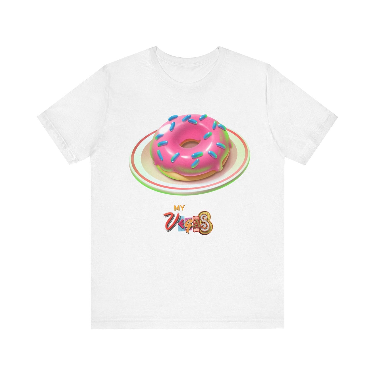 MyVegas Donut - Unisex Jersey Short Sleeve Tee-T-Shirt-Printify-Solid White Blend-XS-Crew neck, DTG, Men's Clothing, Regular fit, T-shirts, Unisex, Women's Clothing-PhoneCaseBoss.com