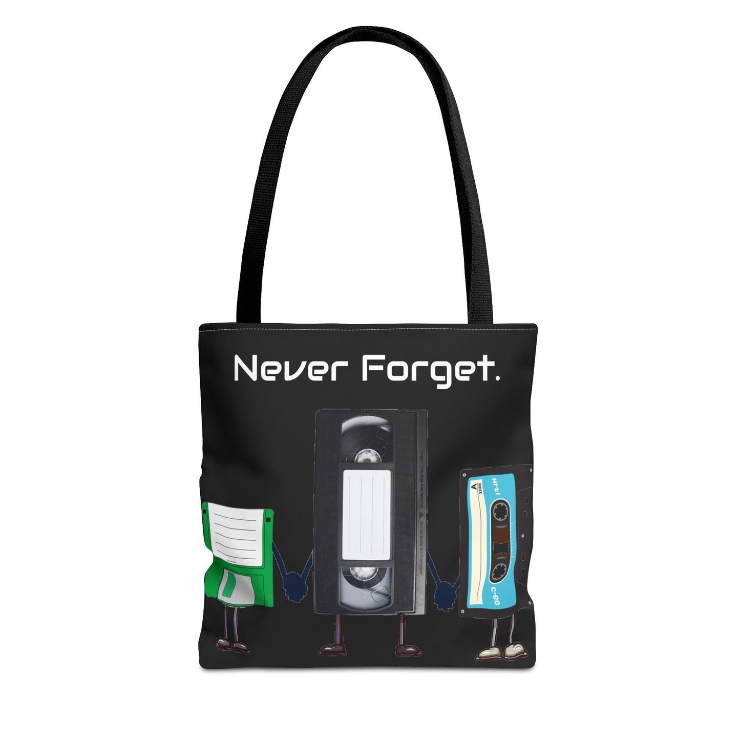 Retro 80's "Never Forget" Tote Bag-Bags-Printify-80s nostalgia tote, 80s retro tote, Bags, fun statement bag, funny tote bag, geeky tote bag, Gen X Gifts, Gifts for Gen Xers, More, never forget tote, nostalgia, nostalgic tote, quirky tote, retro accessories, The Whole Nother, TheWholeNother, TheWholeNother.com, throwback tote bag, Totes, unique tote bag, vintage style bag, vintage tote bag | 13" × 13'',Black,,7785982066781-Retro-80s-Never-Forget-Tote-Bag-Bags-80s-nostalgia-tote-80s-retro-tote-Bags-fun-state