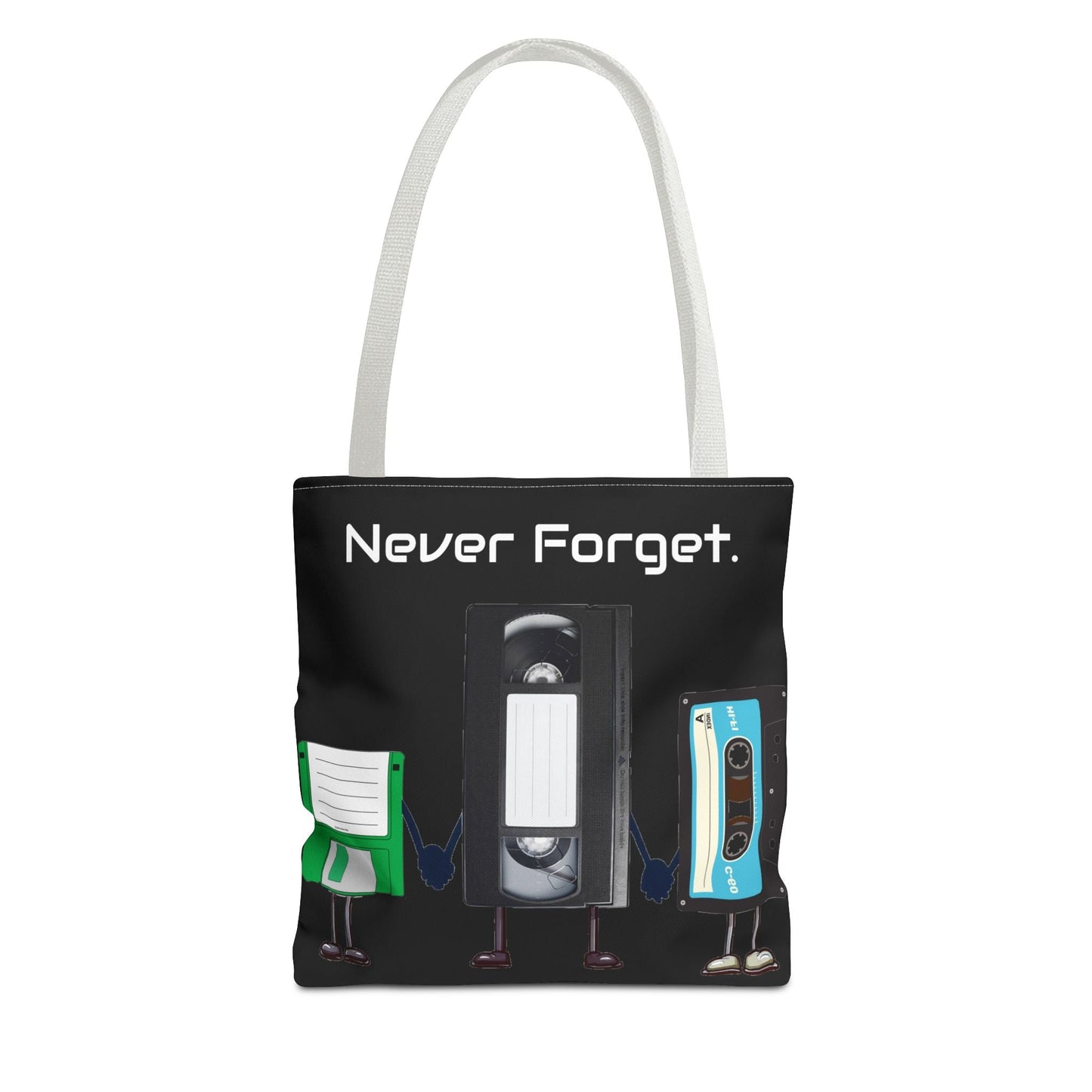 Retro 80's "Never Forget" Tote Bag-Bags-Printify-80s nostalgia tote, 80s retro tote, Bags, fun statement bag, funny tote bag, geeky tote bag, Gen X Gifts, Gifts for Gen Xers, More, never forget tote, nostalgia, nostalgic tote, quirky tote, retro accessories, The Whole Nother, TheWholeNother, TheWholeNother.com, throwback tote bag, Totes, unique tote bag, vintage style bag, vintage tote bag | 13" × 13'',White,,7785982066781-Retro-80s-Never-Forget-Tote-Bag-Bags-80s-nostalgia-tote-80s-retro-tote-Bags-fun-state