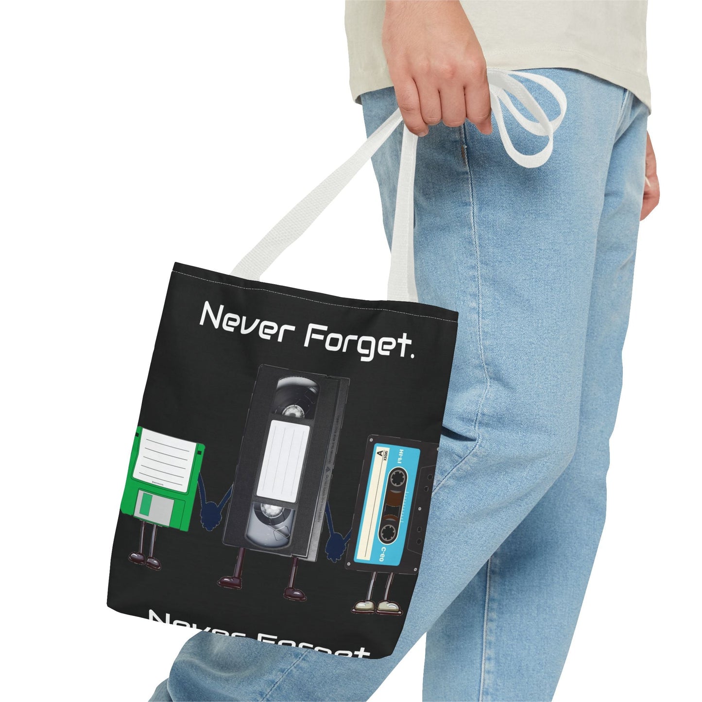 Retro 80's "Never Forget" Tote Bag-Bags-Printify-80s nostalgia tote, 80s retro tote, Bags, fun statement bag, funny tote bag, geeky tote bag, Gen X Gifts, Gifts for Gen Xers, More, never forget tote, nostalgia, nostalgic tote, quirky tote, retro accessories, The Whole Nother, TheWholeNother, TheWholeNother.com, throwback tote bag, Totes, unique tote bag, vintage style bag, vintage tote bag | ,,,7785982066781-Retro-80s-Never-Forget-Tote-Bag-Bags-80s-nostalgia-tote-80s-retro-tote-Bags-fun-statement-bag-funny-