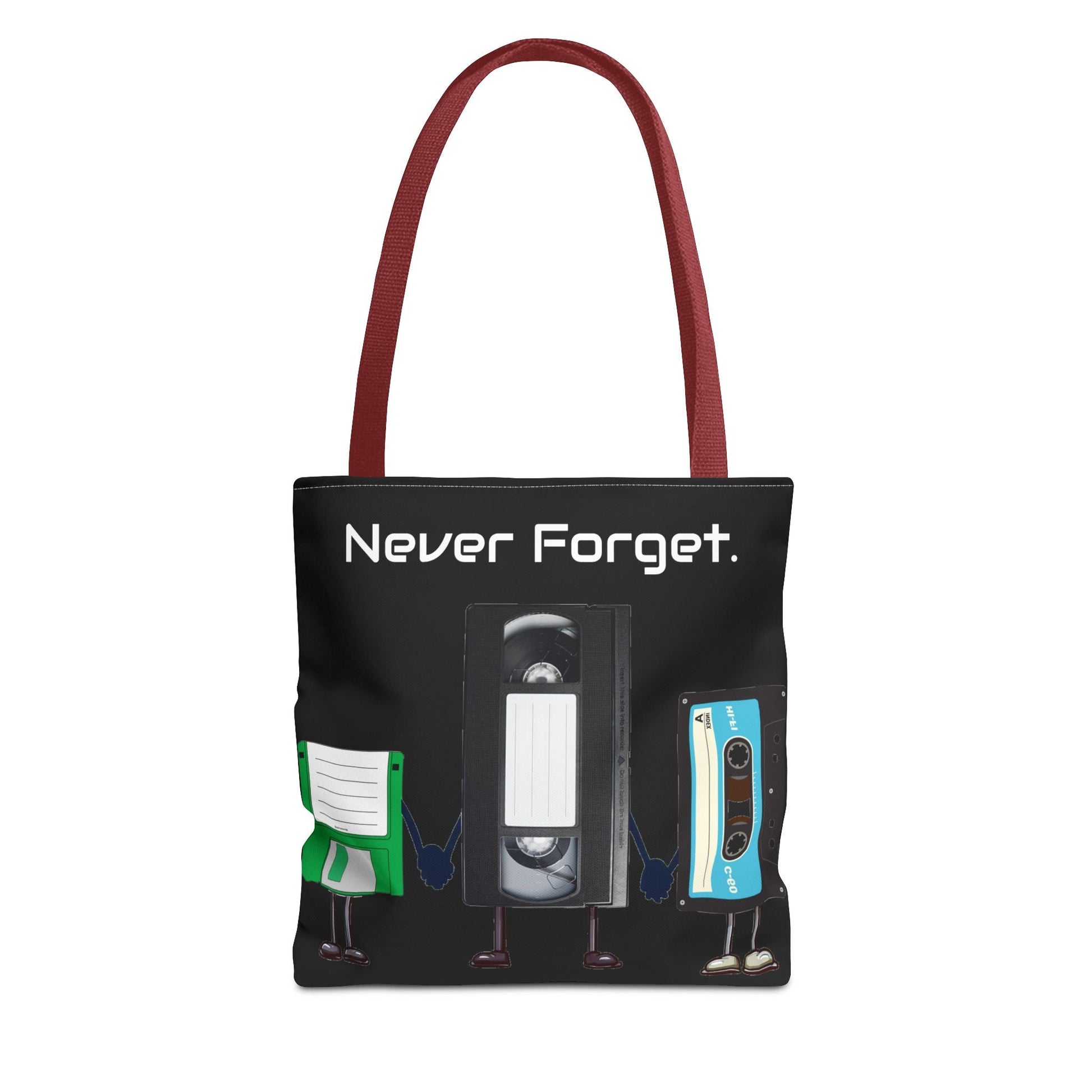 Retro 80's "Never Forget" Tote Bag-Bags-Printify-80s nostalgia tote, 80s retro tote, Bags, fun statement bag, funny tote bag, geeky tote bag, Gen X Gifts, Gifts for Gen Xers, More, never forget tote, nostalgia, nostalgic tote, quirky tote, retro accessories, The Whole Nother, TheWholeNother, TheWholeNother.com, throwback tote bag, Totes, unique tote bag, vintage style bag, vintage tote bag | 13" × 13'',Red,,7785982066781-Retro-80s-Never-Forget-Tote-Bag-Bags-80s-nostalgia-tote-80s-retro-tote-Bags-fun-stateme