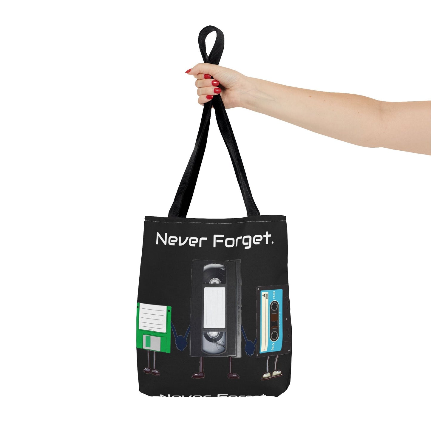 Retro 80's "Never Forget" Tote Bag-Bags-Printify-80s nostalgia tote, 80s retro tote, Bags, fun statement bag, funny tote bag, geeky tote bag, Gen X Gifts, Gifts for Gen Xers, More, never forget tote, nostalgia, nostalgic tote, quirky tote, retro accessories, The Whole Nother, TheWholeNother, TheWholeNother.com, throwback tote bag, Totes, unique tote bag, vintage style bag, vintage tote bag | ,,,7785982066781-Retro-80s-Never-Forget-Tote-Bag-Bags-80s-nostalgia-tote-80s-retro-tote-Bags-fun-statement-bag-funny-