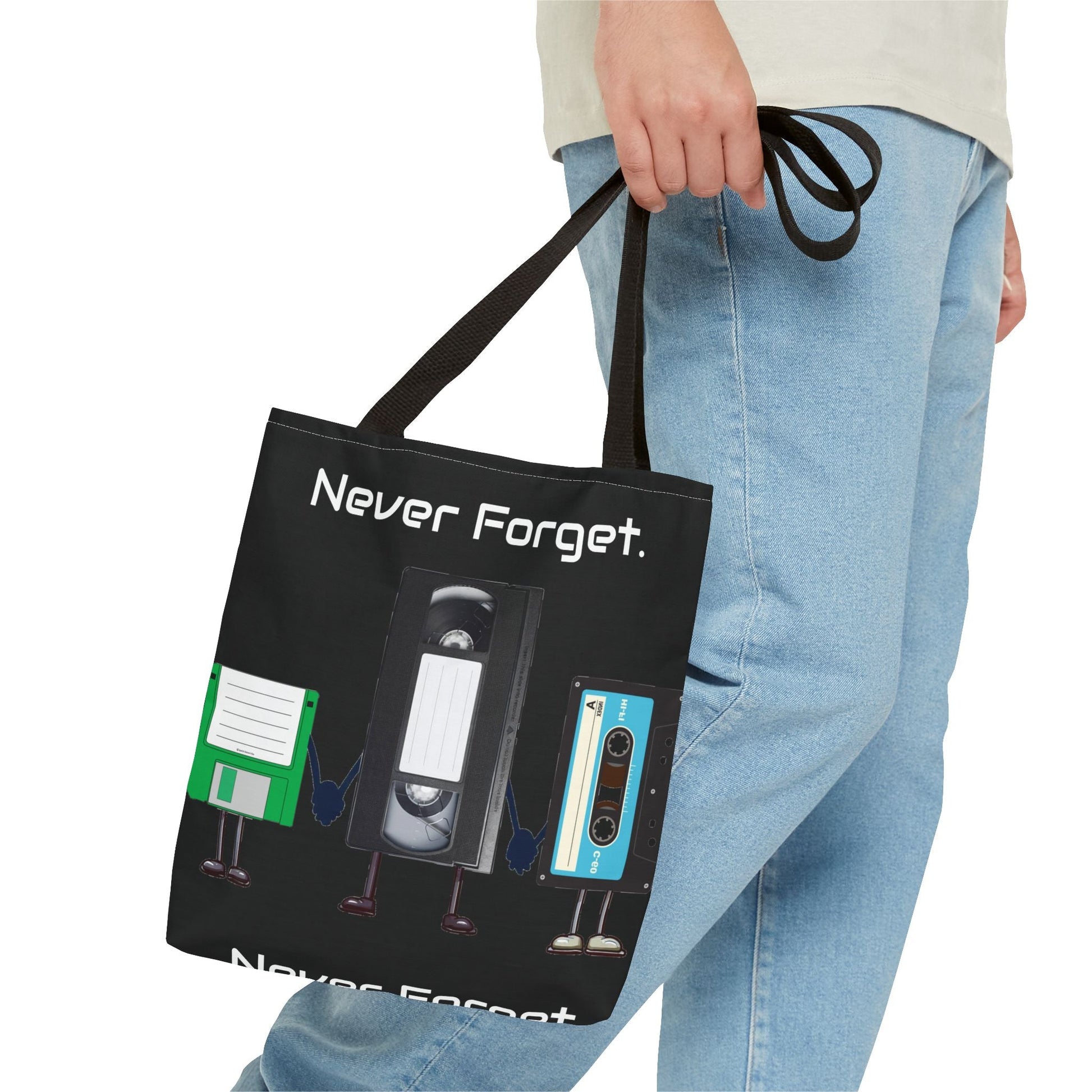 Retro 80's "Never Forget" Tote Bag-Bags-Printify-80s nostalgia tote, 80s retro tote, Bags, fun statement bag, funny tote bag, geeky tote bag, Gen X Gifts, Gifts for Gen Xers, More, never forget tote, nostalgia, nostalgic tote, quirky tote, retro accessories, The Whole Nother, TheWholeNother, TheWholeNother.com, throwback tote bag, Totes, unique tote bag, vintage style bag, vintage tote bag | ,,,7785982066781-Retro-80s-Never-Forget-Tote-Bag-Bags-80s-nostalgia-tote-80s-retro-tote-Bags-fun-statement-bag-funny-