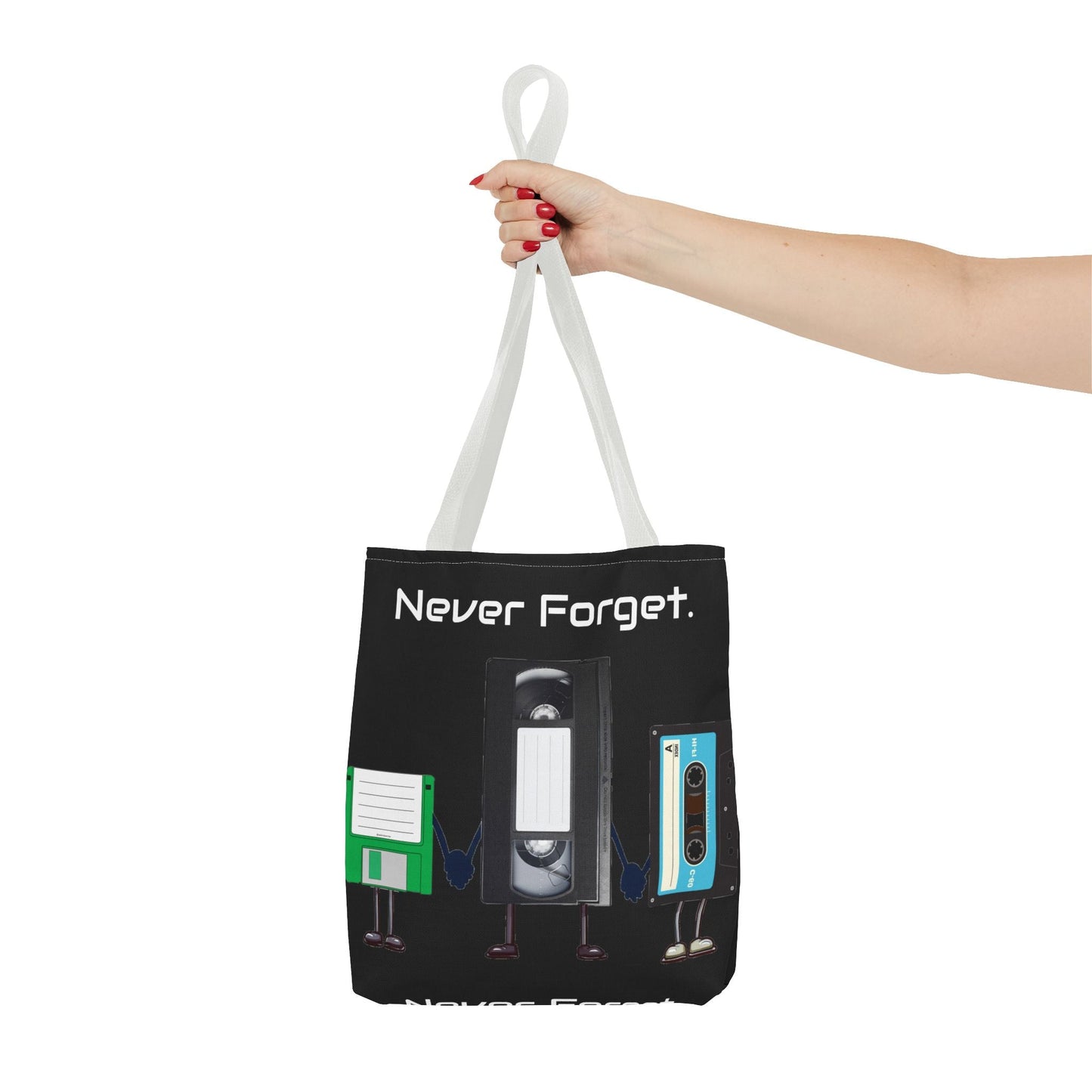 Retro 80's "Never Forget" Tote Bag-Bags-Printify-80s nostalgia tote, 80s retro tote, Bags, fun statement bag, funny tote bag, geeky tote bag, Gen X Gifts, Gifts for Gen Xers, More, never forget tote, nostalgia, nostalgic tote, quirky tote, retro accessories, The Whole Nother, TheWholeNother, TheWholeNother.com, throwback tote bag, Totes, unique tote bag, vintage style bag, vintage tote bag | ,,,7785982066781-Retro-80s-Never-Forget-Tote-Bag-Bags-80s-nostalgia-tote-80s-retro-tote-Bags-fun-statement-bag-funny-