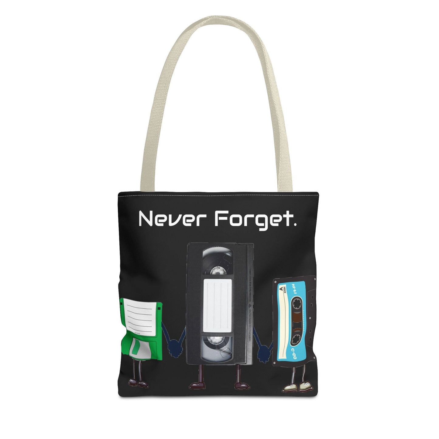 Retro 80's "Never Forget" Tote Bag-Bags-Printify-80s nostalgia tote, 80s retro tote, Bags, fun statement bag, funny tote bag, geeky tote bag, Gen X Gifts, Gifts for Gen Xers, More, never forget tote, nostalgia, nostalgic tote, quirky tote, retro accessories, The Whole Nother, TheWholeNother, TheWholeNother.com, throwback tote bag, Totes, unique tote bag, vintage style bag, vintage tote bag | 13" × 13'',Beige,,7785982066781-Retro-80s-Never-Forget-Tote-Bag-Bags-80s-nostalgia-tote-80s-retro-tote-Bags-fun-state