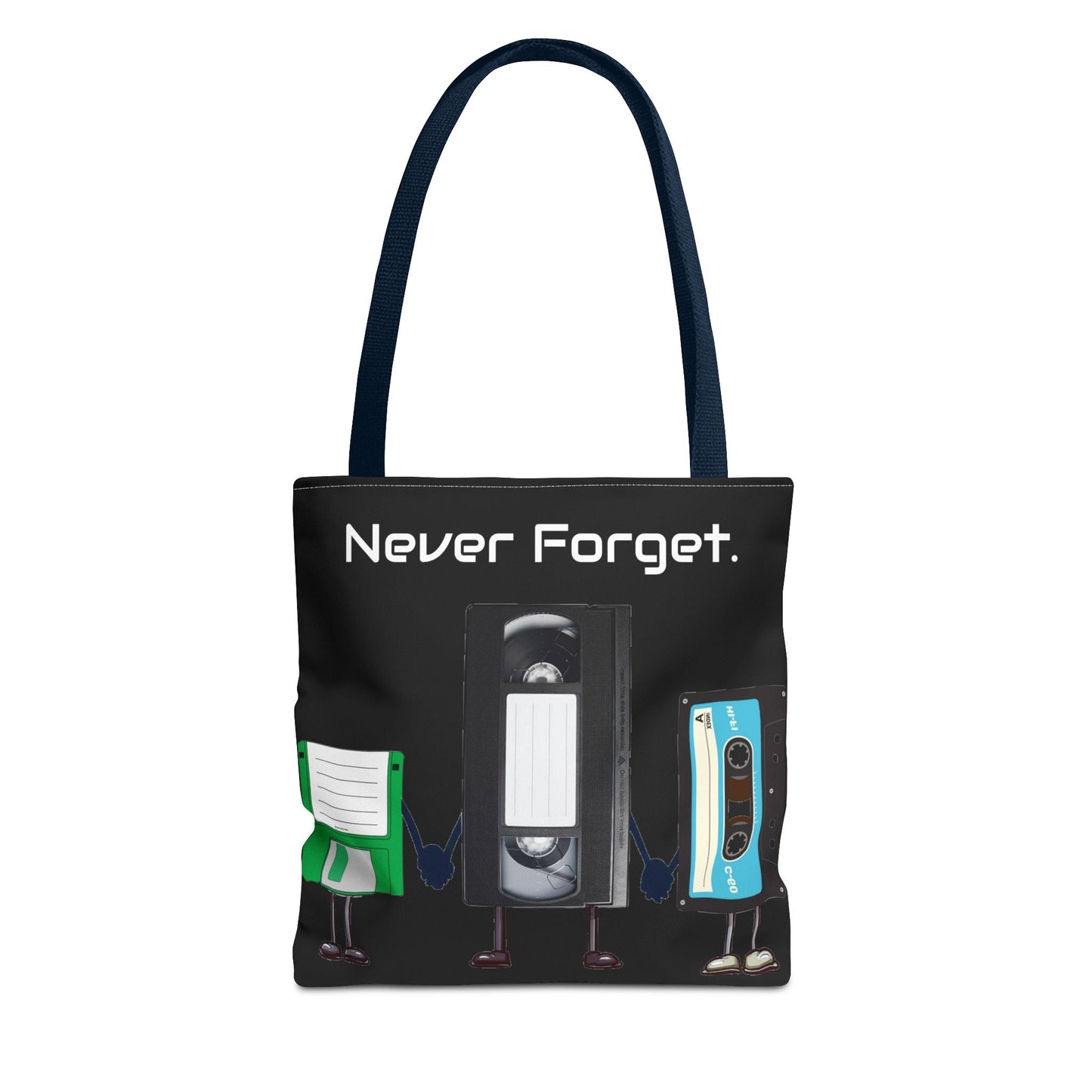 Retro 80's "Never Forget" Tote Bag-Bags-Printify-80s nostalgia tote, 80s retro tote, Bags, fun statement bag, funny tote bag, geeky tote bag, Gen X Gifts, Gifts for Gen Xers, More, never forget tote, nostalgia, nostalgic tote, quirky tote, retro accessories, The Whole Nother, TheWholeNother, TheWholeNother.com, throwback tote bag, Totes, unique tote bag, vintage style bag, vintage tote bag | 13" × 13'',Navy,,7785982066781-Retro-80s-Never-Forget-Tote-Bag-Bags-80s-nostalgia-tote-80s-retro-tote-Bags-fun-statem