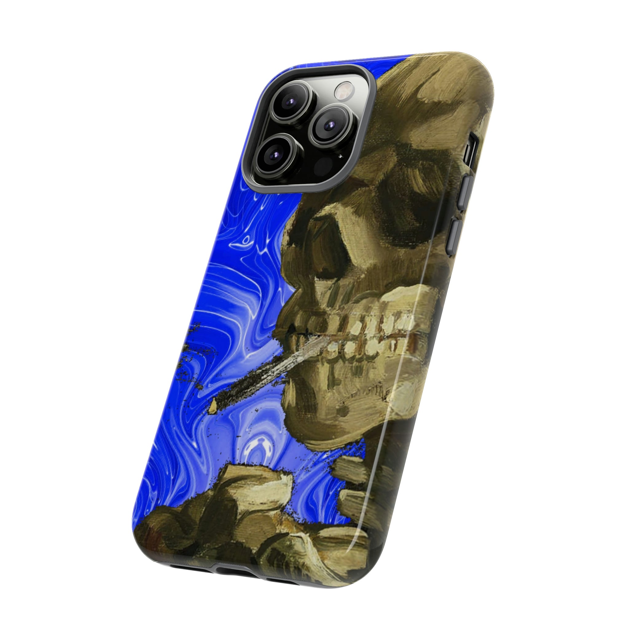 Van Gogh's Skeleton Smoking A Cigarette With A Blue Agate Background - Famous Painter Phone Cases